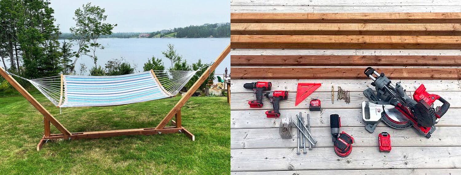 Hammock set up by lake, and CRAFTSMAN V20 tools, hand tools & building materials displayed on deck
Support avec hamac devant un lac + sélection d’outils CRAFTSMAN et CRAFTSMAN V20 avec matériaux déposés sur une terrasse
