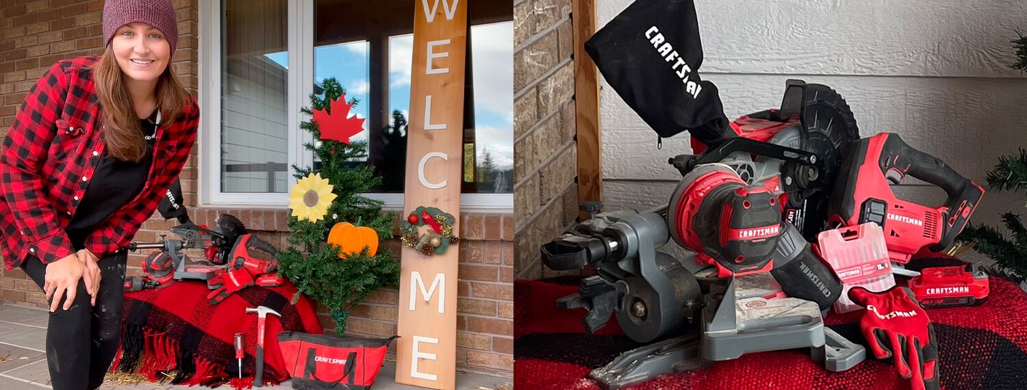 Leslie standing by Festive Porch Sign, and CRAFTSMAN V20 tools & hand tools displayed on plaid blanket
Leslie aux côtés de son écriteau festif + sélection d’outils CRAFTSMAN et CRAFTSMAN V20 placés sur un jeté carreauté