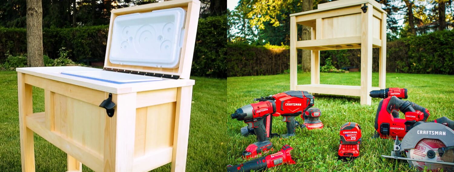 CRAFTSMAN V20 tools displayed on lawn in front of Backyard Cooler, and Backyard Cooler with lid open
Outils CRAFTSMAN V20 déposés sur une pelouse devant le comptoir à rafraîchissements (couvercle ouvert)