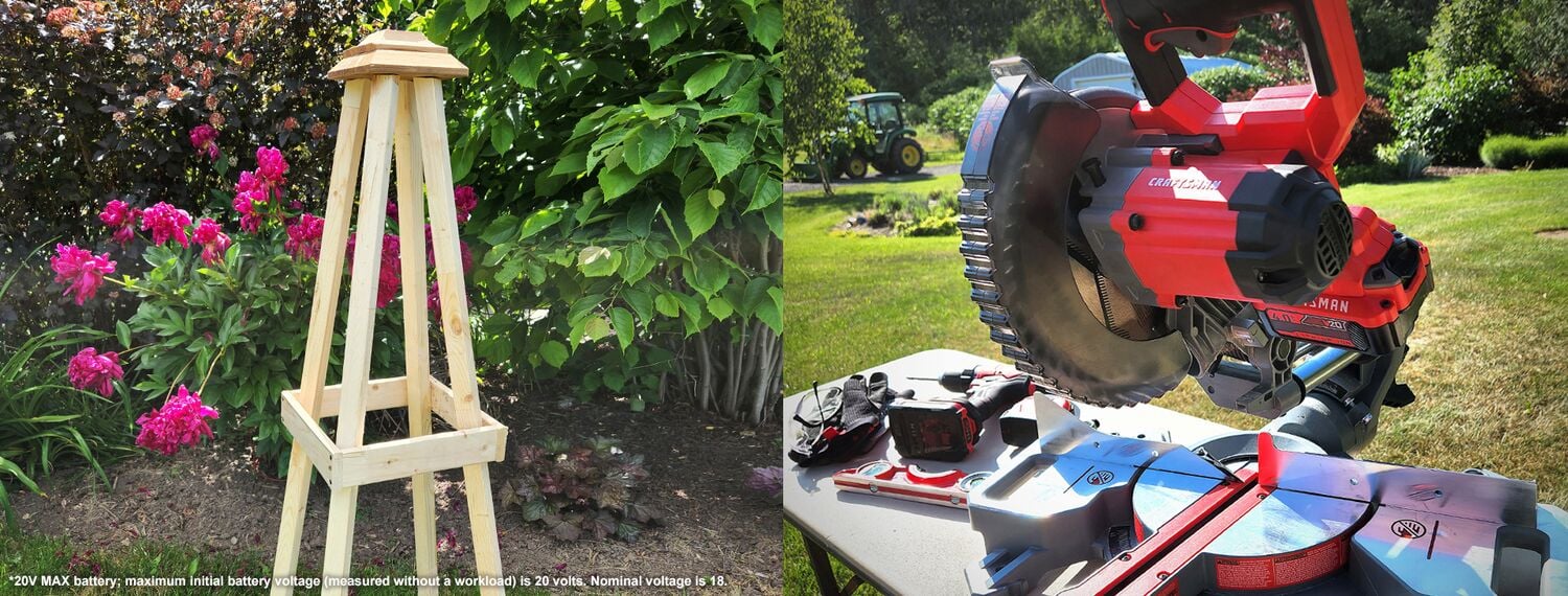 Photo of CRAFTSMAN CM38 miter saw on a table outdoors with wood pieces, and a wooden garden trellis in a flower bed.