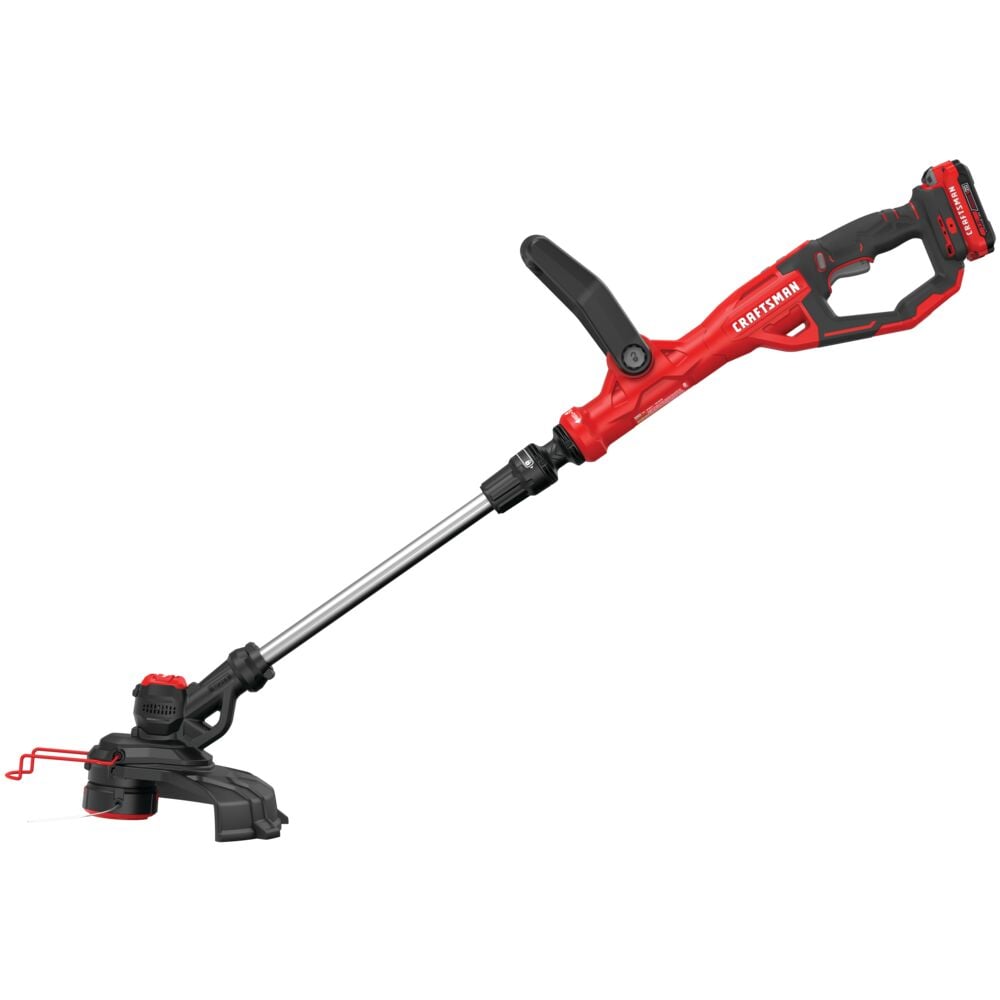 Photo of CRAFTSMAN CMCST900D1 red and black cordless string trimmer, side angle, on white background.